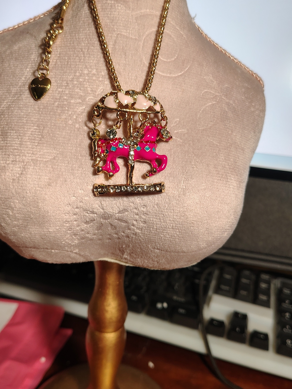 Betsey Johnson Gold-tone Necklace with Hot Pink Carousel Horse Pendant